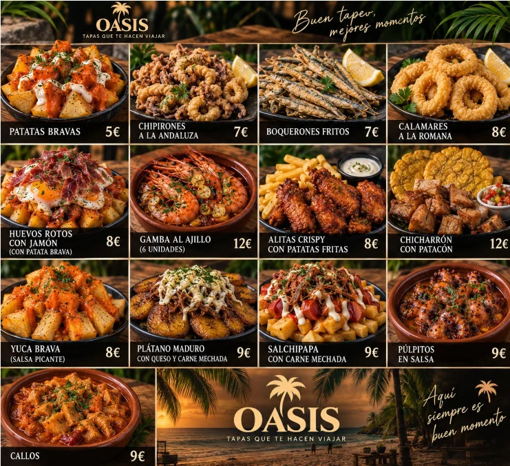 Carta visual de tapas de OASIS con fotografías, nombres y precios